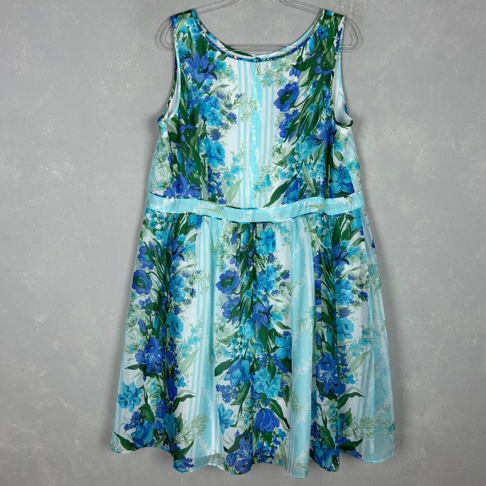 Talbots midi dress size 16W sleeveless fit & flare blue floral chiffon lined - Picture 8 of 11